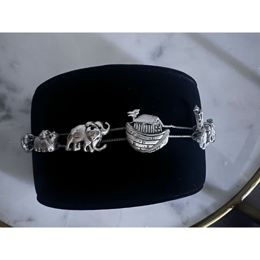 Vintage Noah’s Ark Bracelet Slide Charms Animals Silvertone  7.5”